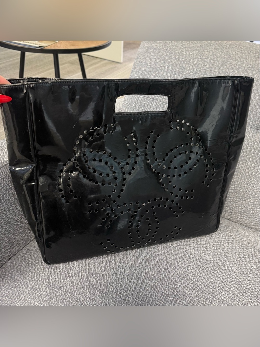 Chanel Vintage Black Patent Leather Perforated CC Tote Bag
